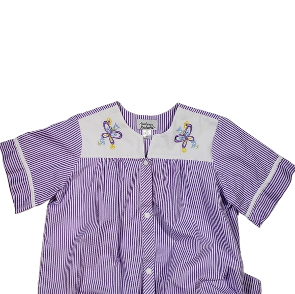 Anthony Richards Purple Seersucker Nightgown Sz M Embroidered Floral Butterfly - Picture 6 of 13